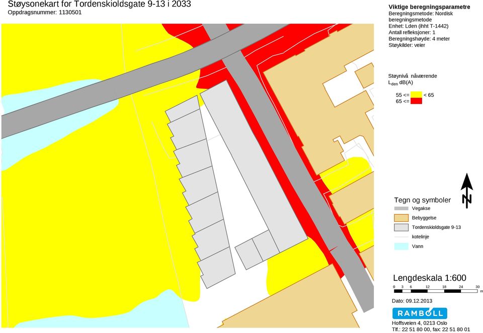 Støynivå nåværende L den db(a) 55 <= < 65 65 <= Tegn og symboler Vegakse Bebyggelse Tordenskioldsgate 9-13 kotelinje