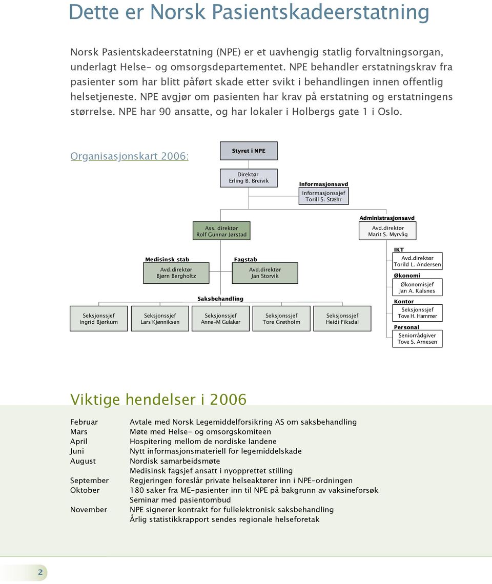 NPE avgjør om pasienten har krav på erstatning og erstatningens størrelse. NPE har 90 ansatte, og har lokaler i Holbergs gate 1 i Oslo. Organisasjonskart 2006: Styret i NPE Direktør Erling B.
