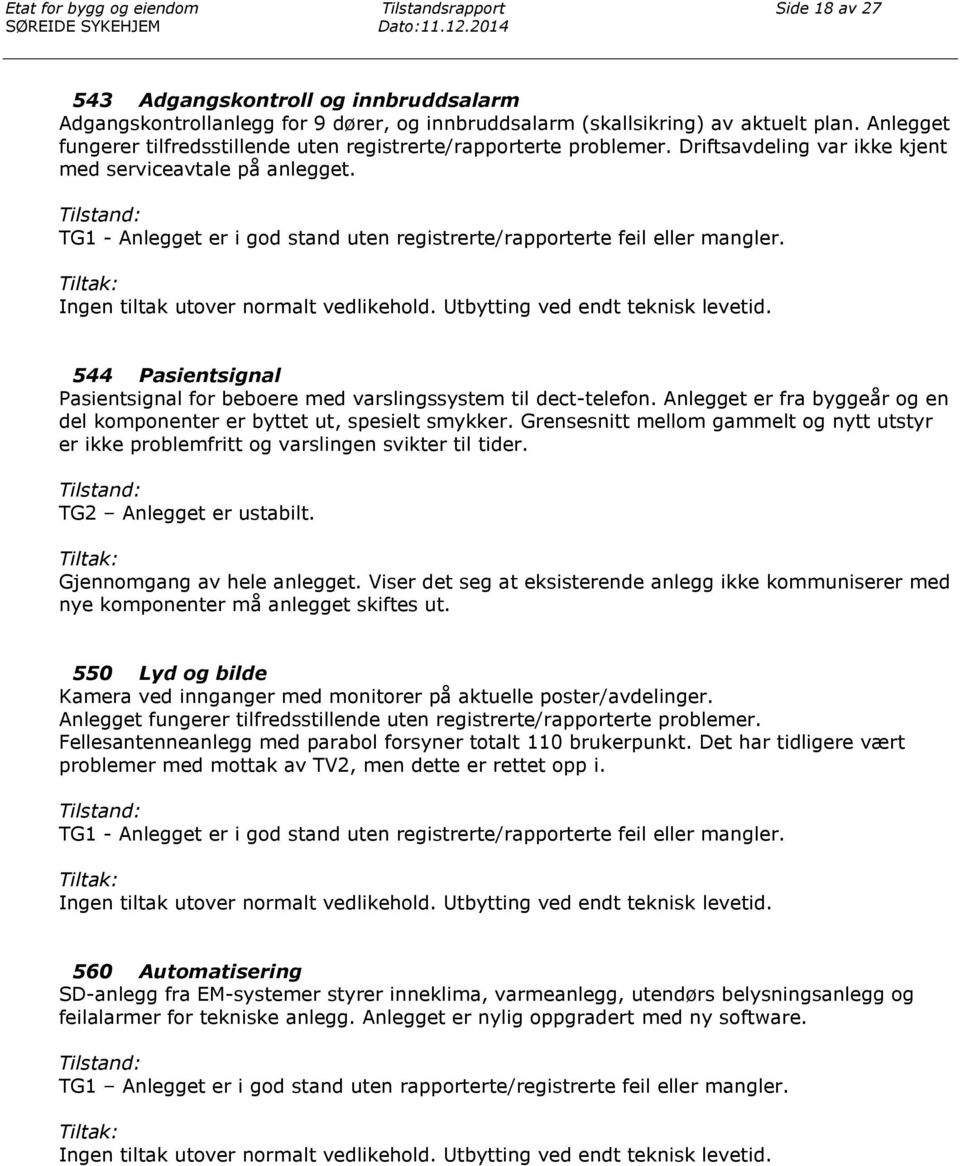 TG1 - Anlegget er i god stand uten registrerte/rapporterte feil eller mangler. Ingen tiltak utover normalt vedlikehold. Utbytting ved endt teknisk levetid.