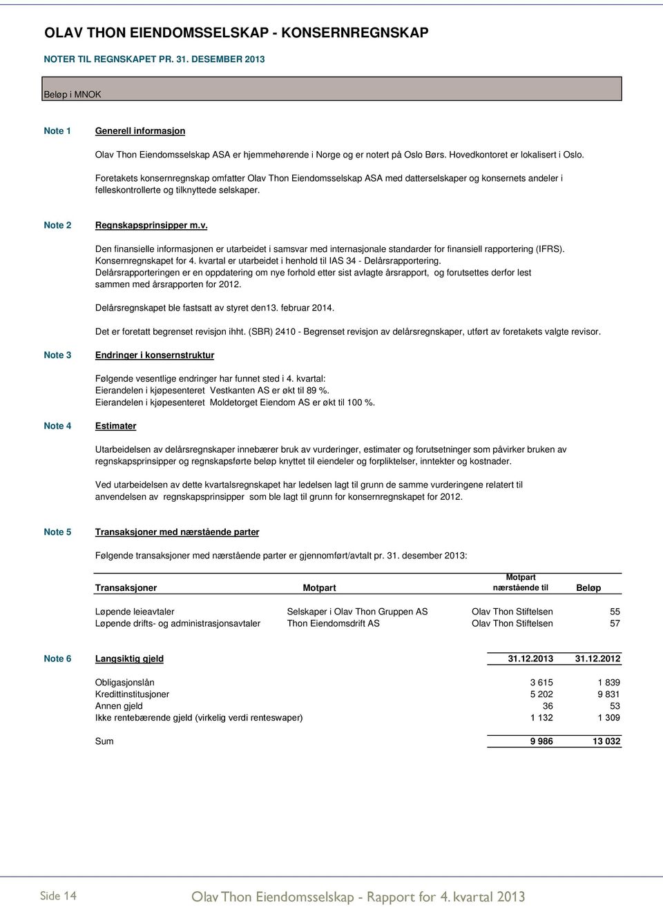 Foretakets konsernregnskap omfatter Olav Thon Eiendomsselskap ASA med datterselskaper og konsernets andeler i felleskontrollerte og tilknyttede selskaper. Note 2 Regnskapsprinsipper m.v. Den finansielle informasjonen er utarbeidet i samsvar med internasjonale standarder for finansiell rapportering (IFRS).