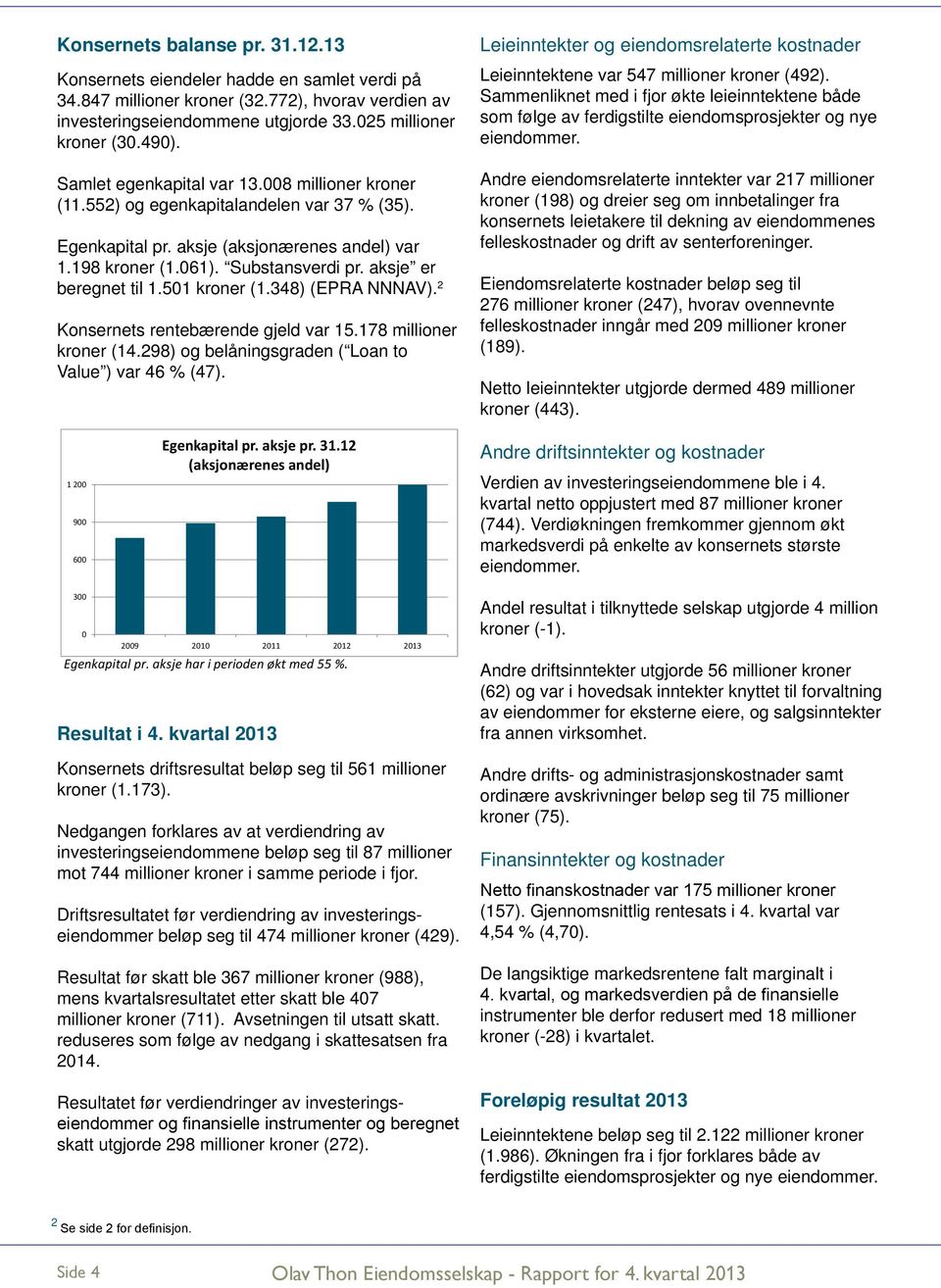 aksje er beregnet til 1.501 kroner (1.348) (EPRA NNNAV). 2 Konsernets rentebærende gjeld var 15.178 millioner kroner (14.298) og belåningsgraden ( Loan to Value ) var 46 % (47).