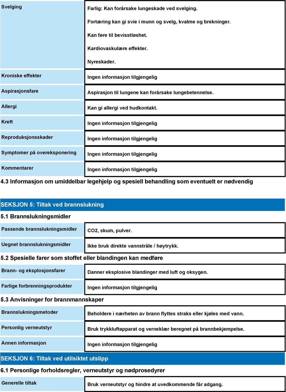 3 Informasjon om umiddelbar legehjelp og spesiell behandling som eventuelt er nødvendig SEKSJON 5: Tiltak ved brannslukning 5.