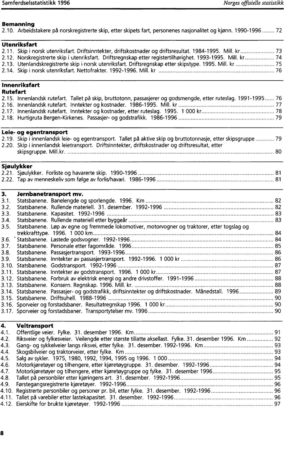 Mill. kr 74 2.13. Utenlandskregistrerte skip i-norsk utenriksfart. Driftsregnskap etter skipstype. 1995. Mill. kr 75 2.14. Skip i norsk utenriksfart. Nettofrakter. 1992-1996. Mill. kr 76 Innenriksfart Rutefart 2.