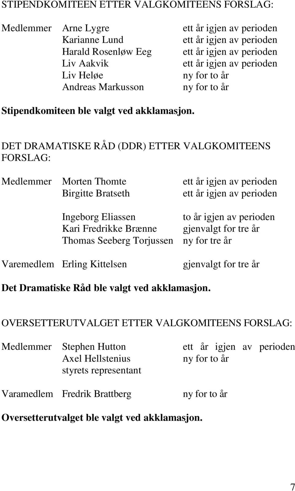 DET DRAMATISKE RÅD (DDR) ETTER VALGKOMITEENS FORSLAG: Medlemmer Morten Thomte Birgitte Bratseth Ingeborg Eliassen to år igjen av perioden Kari Fredrikke Brænne gjenvalgt for tre år