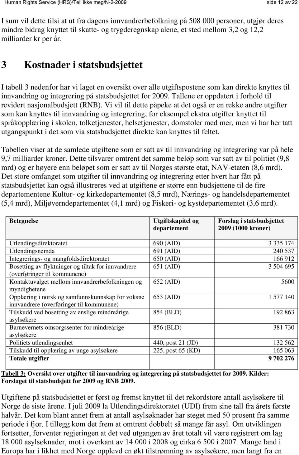 3 Kostnader i statsbudsjettet I tabell 3 nedenfor har vi laget en oversikt over alle utgiftspostene som kan direkte knyttes til innvandring og integrering på statsbudsjettet for 2009.