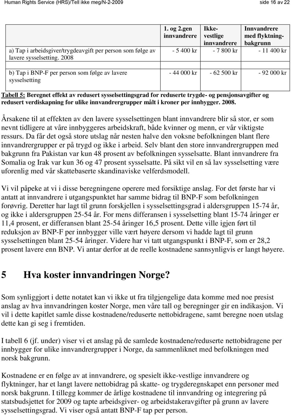 gen innvandrere Ikkevestlige innvandrere Innvandrere med flyktningbakgrunn - 5 400 kr - 7 800 kr - 11 400 kr - 44 000 kr - 62 500 kr - 92 000 kr Tabell 5: Beregnet effekt av redusert