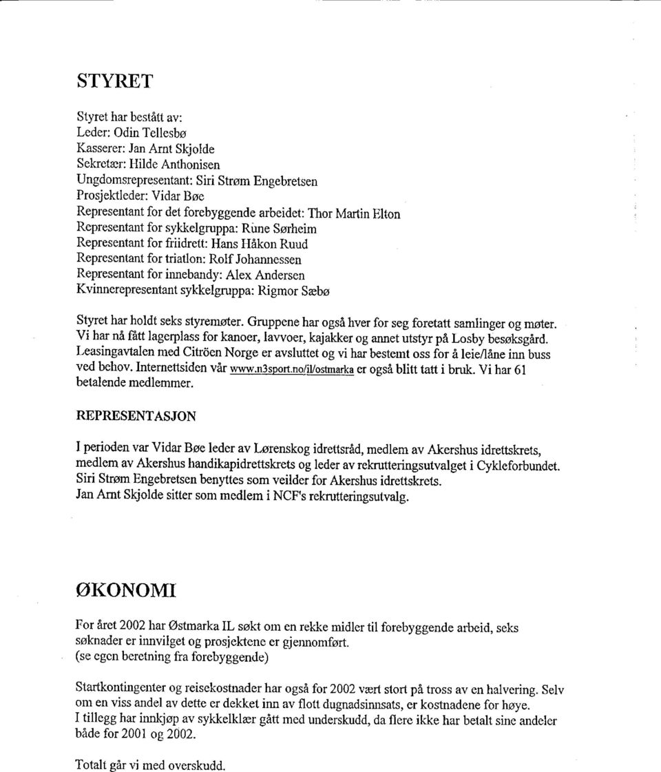 rne Ssrheim Representant for fiiidrett: Hans HAkon Ruud Representant for triatlon: Rolf Johannessen Representant for innebandy: Alex Andersen Kvinnerepresentant sykkelgruppa: Rigmor Sebo Styret har