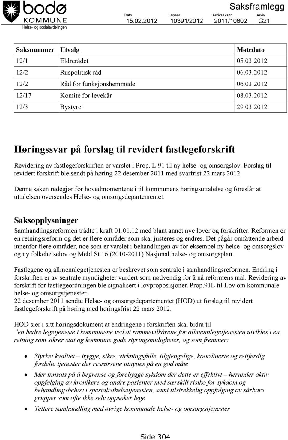 L 91 til ny helse- og omsorgslov. Forslag til revidert forskrift ble sendt på høring 22 desember 2011 med svarfrist 22 mars 2012.