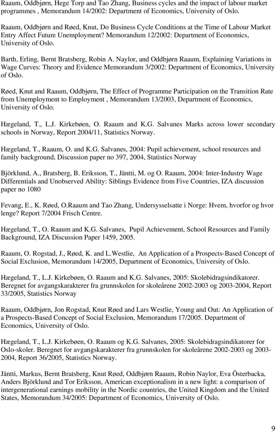 Barth, Erling, Bernt Bratsberg, Robin A. Naylor, and Oddbjørn Raaum, Explaining Variations in Wage Curves: Theory and Evidence Memorandum 3/2002: Department of Economics, University of Oslo.