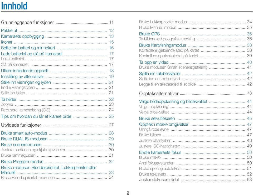 .. 23 Redusere kameraristing (OIS)... 24 Tips om hvordan du får et klarere bilde... 25 Utvidede funksjoner... 27 Bruke smart auto-modus... 28 Bruke DUAL IS-modusen... 29 Bruke scenemodusen.