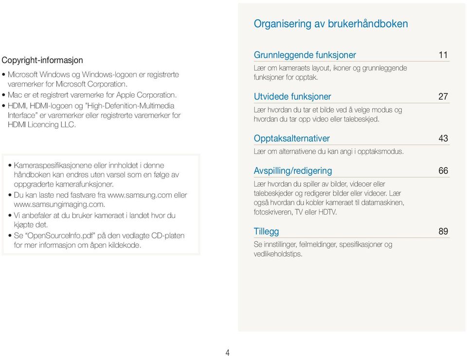 Kameraspesifikasjonene eller innholdet i denne håndboken kan endres uten varsel som en følge av oppgraderte kamerafunksjoner. Du kan laste ned fastvare fra www.samsung.com eller www.samsungimaging.