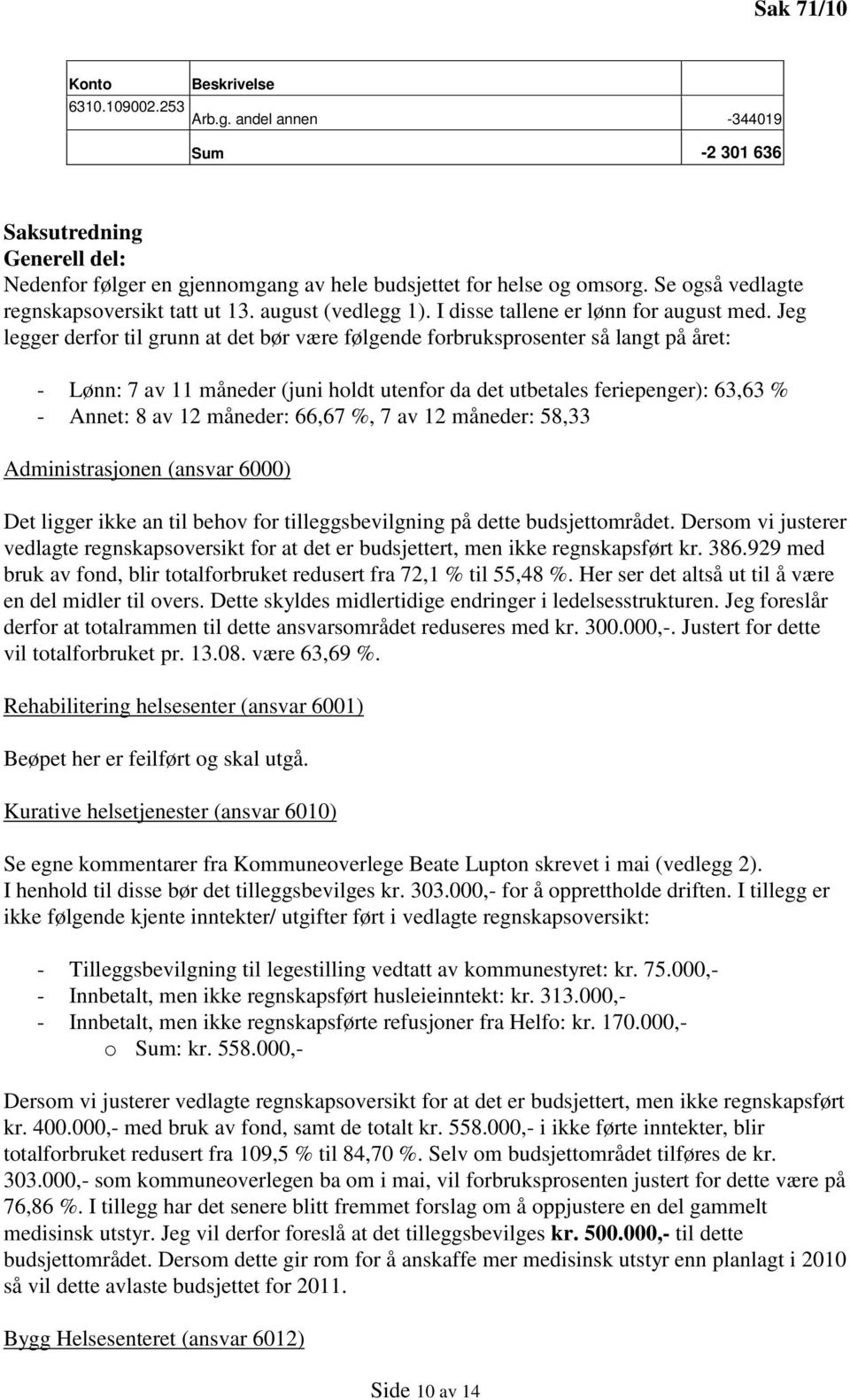 Jeg legger derfor til grunn at det bør være følgende forbruksprosenter så langt på året: - Lønn: 7 av 11 måneder (juni holdt utenfor da det utbetales feriepenger): 63,63 % - Annet: 8 av 12 måneder: