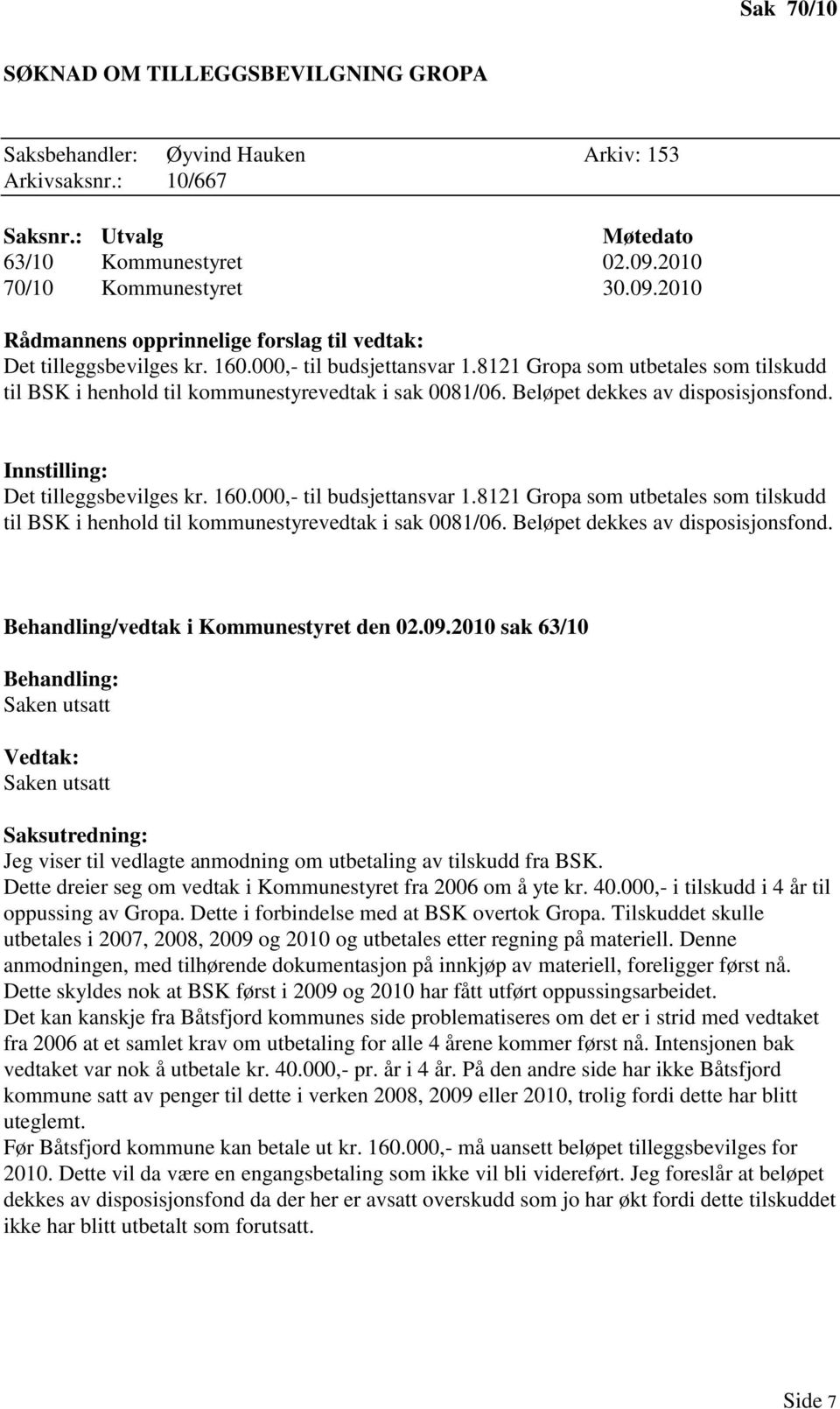 8121 Gropa som utbetales som tilskudd til BSK i henhold til kommunestyrevedtak i sak 0081/06. Beløpet dekkes av disposisjonsfond. Innstilling: Det tilleggsbevilges kr. 160.000,- til budsjettansvar 1.