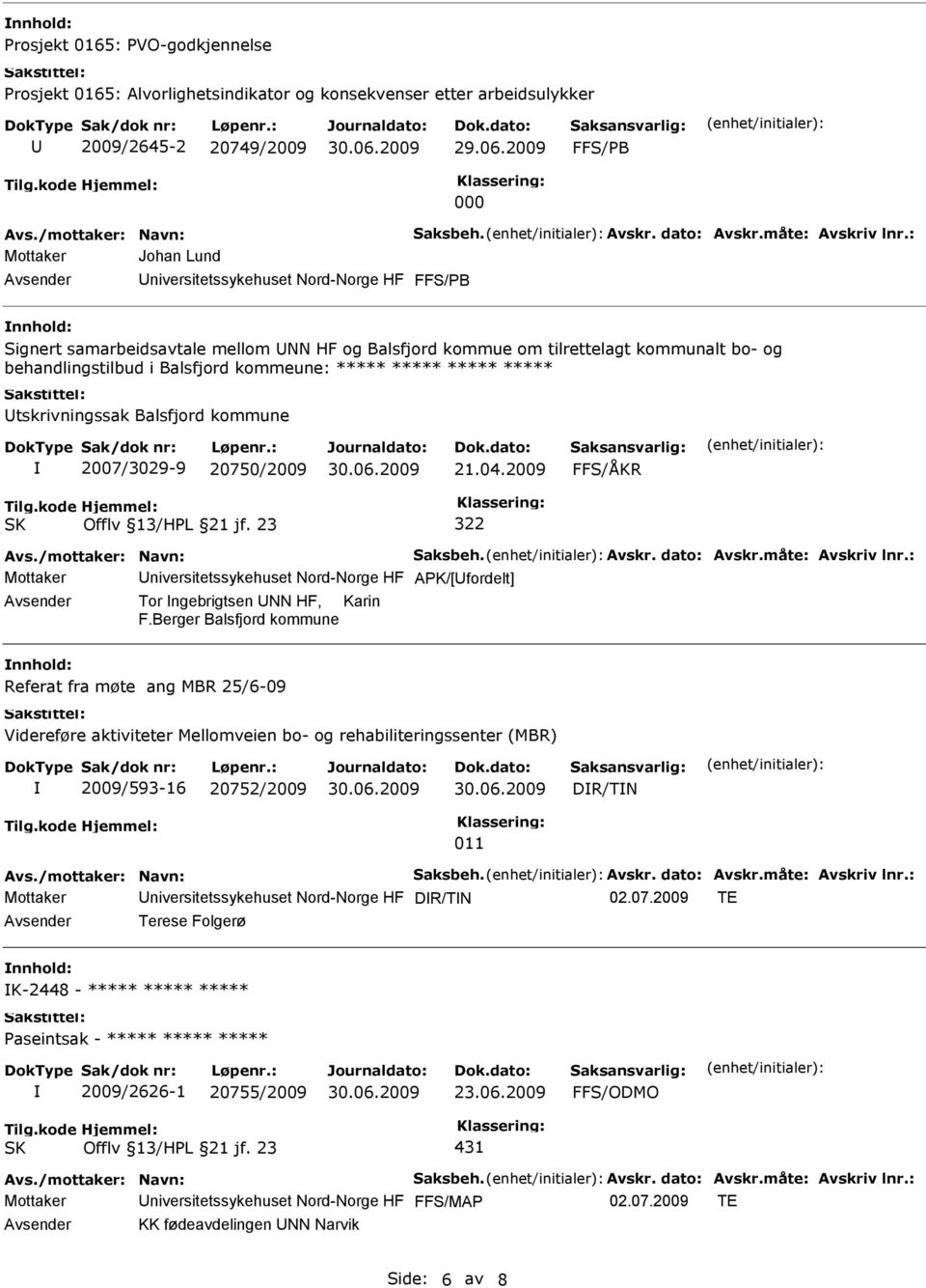 : Johan Lund niversitetssykehuset Nord-Norge HF FFS/B Signert samarbeidsavtale mellom NN HF og Balsfjord kommue om tilrettelagt kommunalt bo- og behandlingstilbud i Balsfjord kommeune: ***** *****