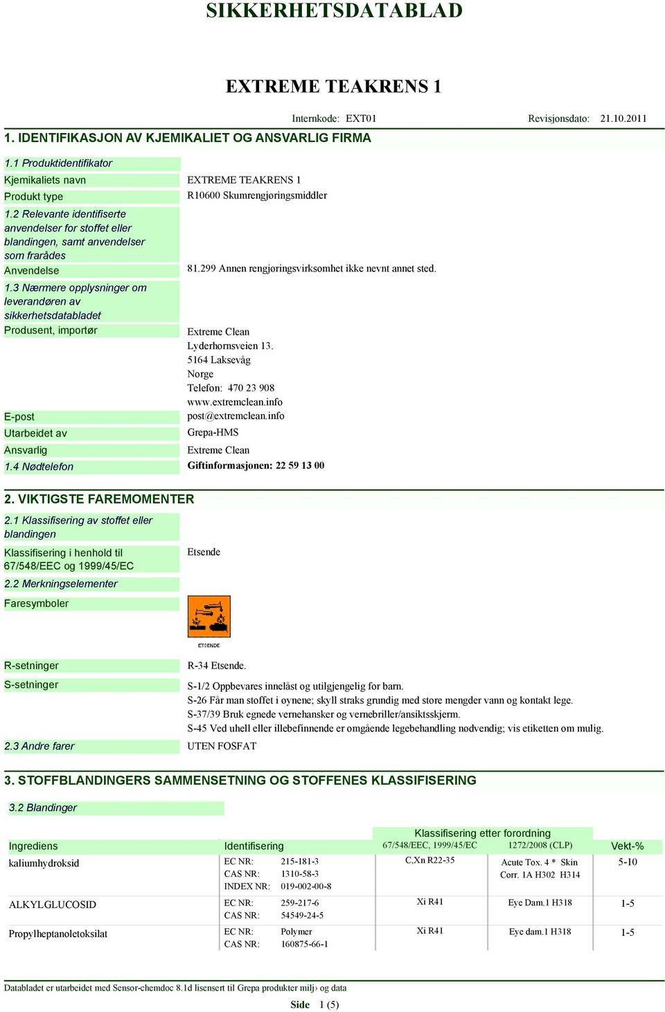 3 Nærmere opplysninger om leverandøren av sikkerhetsdatabladet Produsent, importør E-post Utarbeidet av Ansvarlig R10600 Skumrengjøringsmiddler 81.