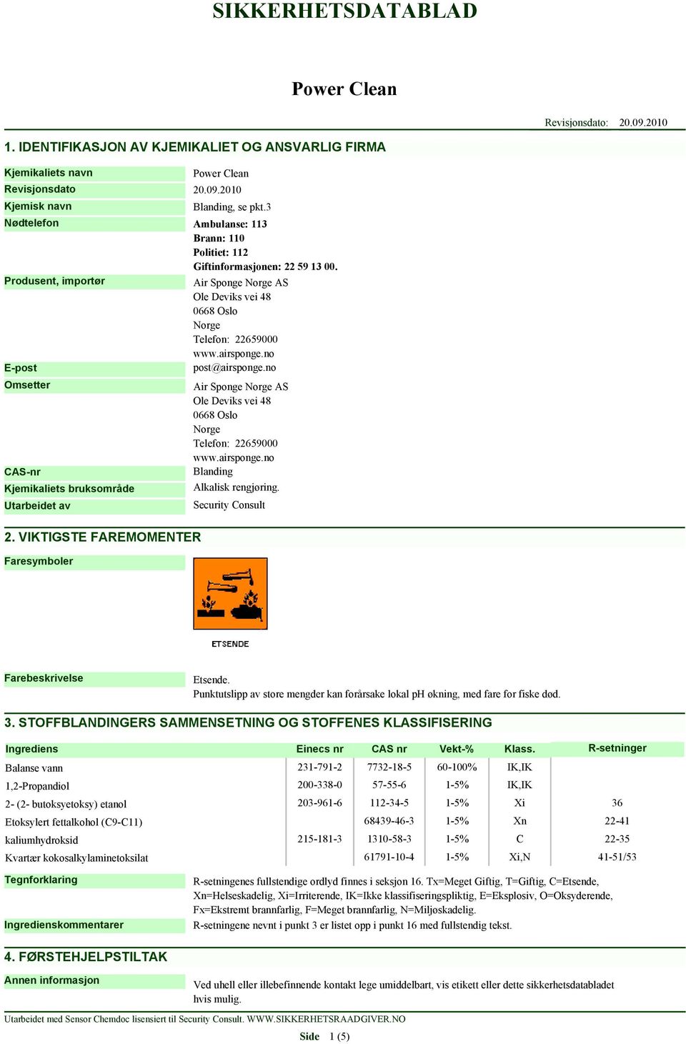 no E-post post@airsponge.no Omsetter CAS-nr Kjemikaliets bruksområde Utarbeidet av 2. VIKTIGSTE FAREMOMENTER Faresymboler Air Sponge Norge AS Ole Deviks vei 48 0668 Oslo Norge Telefon: 22659000 www.