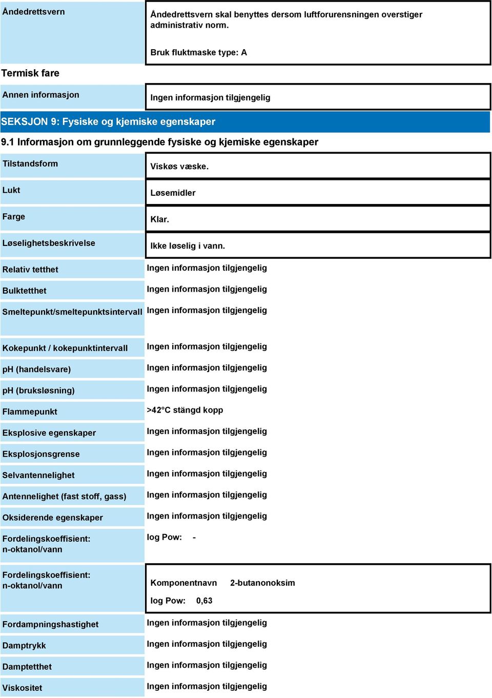 Smeltepunkt/smeltepunktsintervall Kokepunkt / kokepunktintervall ph (handelsvare) ph (bruksløsning) Flammepunkt Eksplosive egenskaper Eksplosjonsgrense Selvantennelighet Antennelighet (fast stoff,