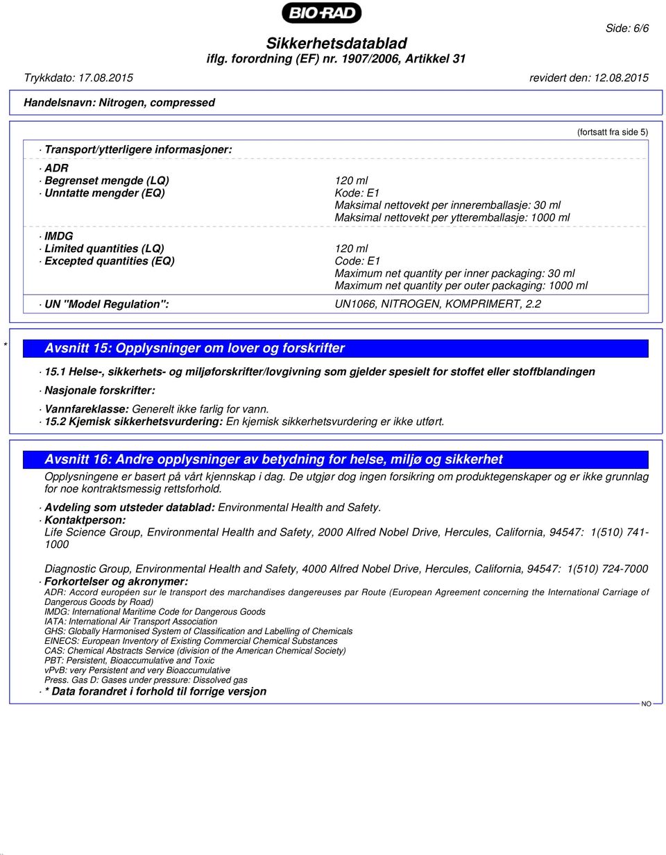 UN "Model Regulation": UN1066, NITROGEN, KOMPRIMERT, 2.2 * Avsnitt 15: Opplysninger om lover og forskrifter 15.