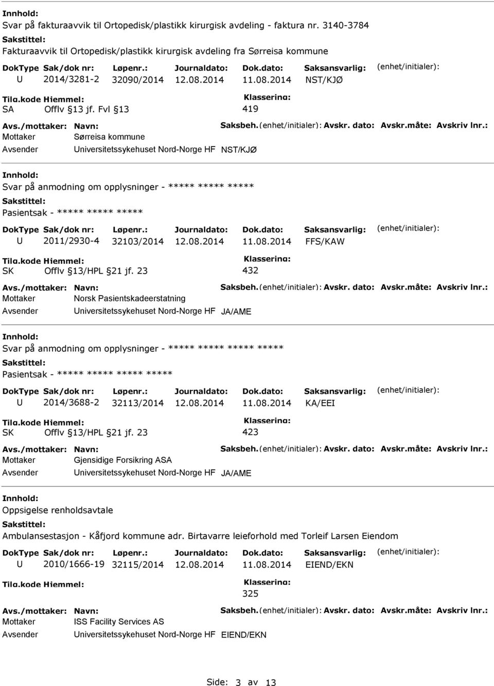 opplysninger - ***** ***** ***** Pasientsak - ***** ***** ***** 2011/2930-4 32103/2014 FFS/KAW 432 Mottaker Norsk Pasientskadeerstatning niversitetssykehuset Nord-Norge HF Svar på anmodning om