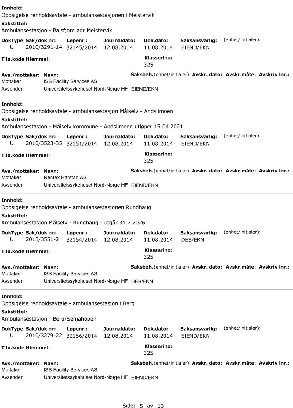 2021 2010/3523-35 32151/2014 Mottaker Rentex Harstad AS niversitetssykehuset Nord-Norge HF Oppsigelse renholdsavtale - ambulansestasjonen Rundhaug Ambulansestasjon Målselv - Rundhaug - utgår 31.7.