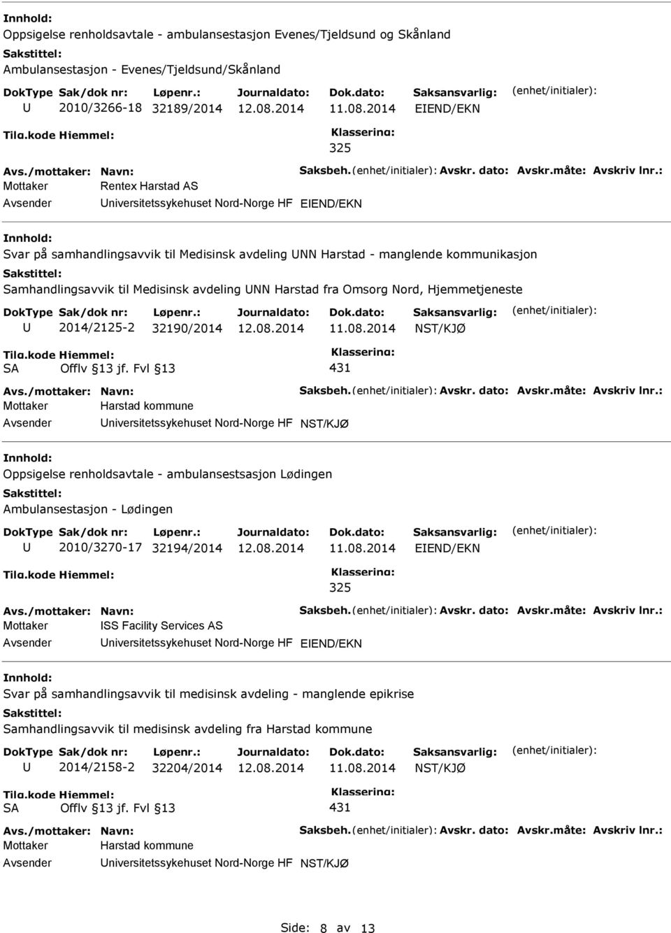 32190/2014 SA Mottaker Harstad kommune niversitetssykehuset Nord-Norge HF Oppsigelse renholdsavtale - ambulansestsasjon Lødingen Ambulansestasjon - Lødingen 2010/3270-17 32194/2014 Mottaker SS