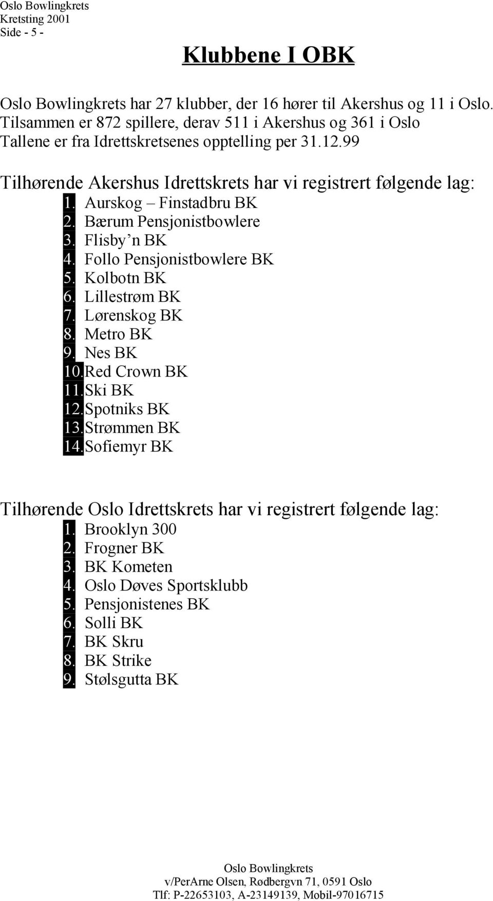 99 Tilhøende Akeshus Idettskets ha vi egistet følgende lag: 1. Auskog Finstadbu BK 2. Bæum Pensjonistbowlee 3. Flisby n BK 4. Follo Pensjonistbowlee BK 5.