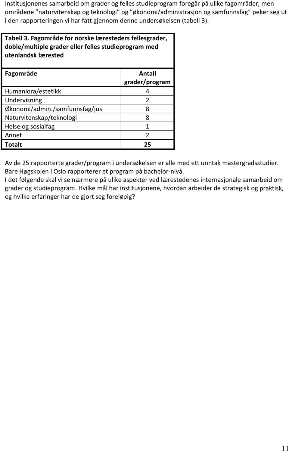 Fagområde for norske læresteders fellesgrader, doble/multiple grader eller felles studieprogram med utenlandsk lærested Fagområde Antall grader/program Humaniora/estetikk 4 Undervisning 2