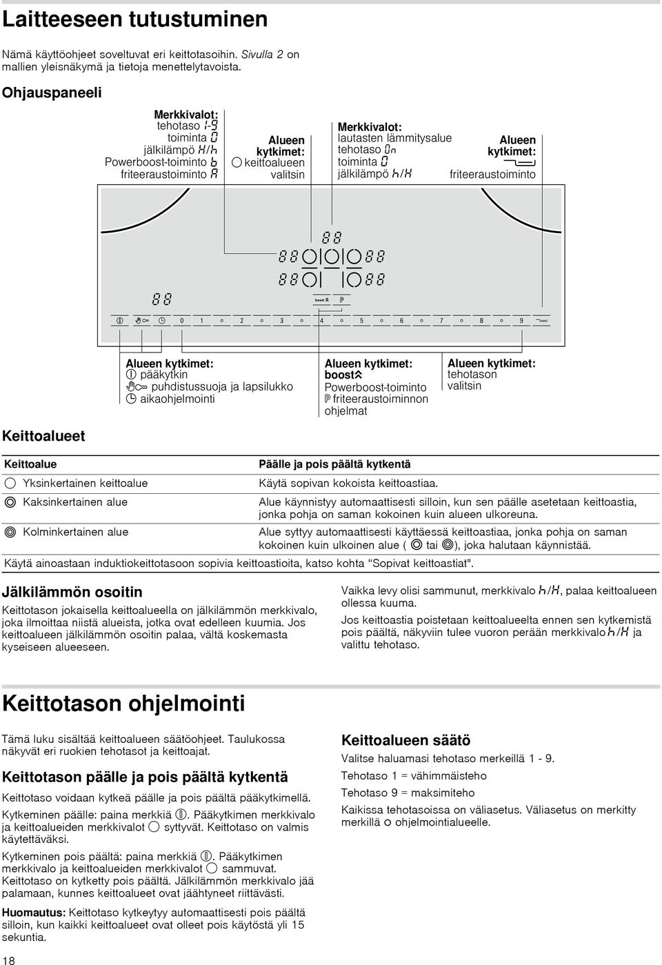 ð Kaksinkertainen alue Alue käynnistyy automaattisesti silloin, kun sen päälle asetetaan keittoastia, jonka pohja on saman kokoinen kuin alueen ulkoreuna.