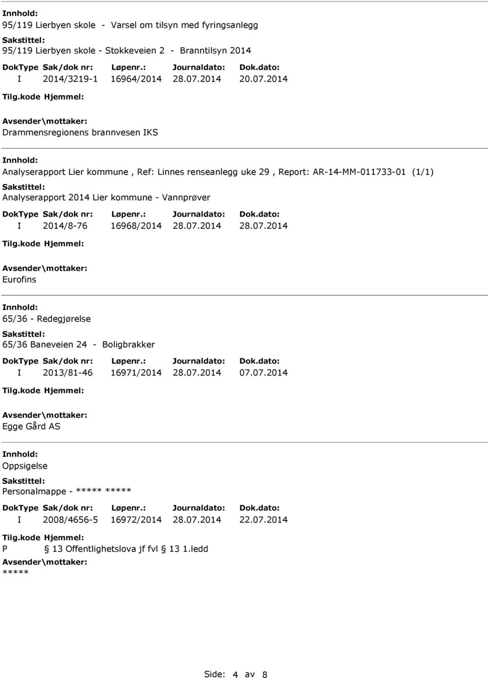 Analyserapport 2014 Lier kommune - Vannprøver 2014/8-76 16968/2014 Eurofins 65/36 - Redegjørelse 65/36 Baneveien 24 - Boligbrakker 2013/81-46