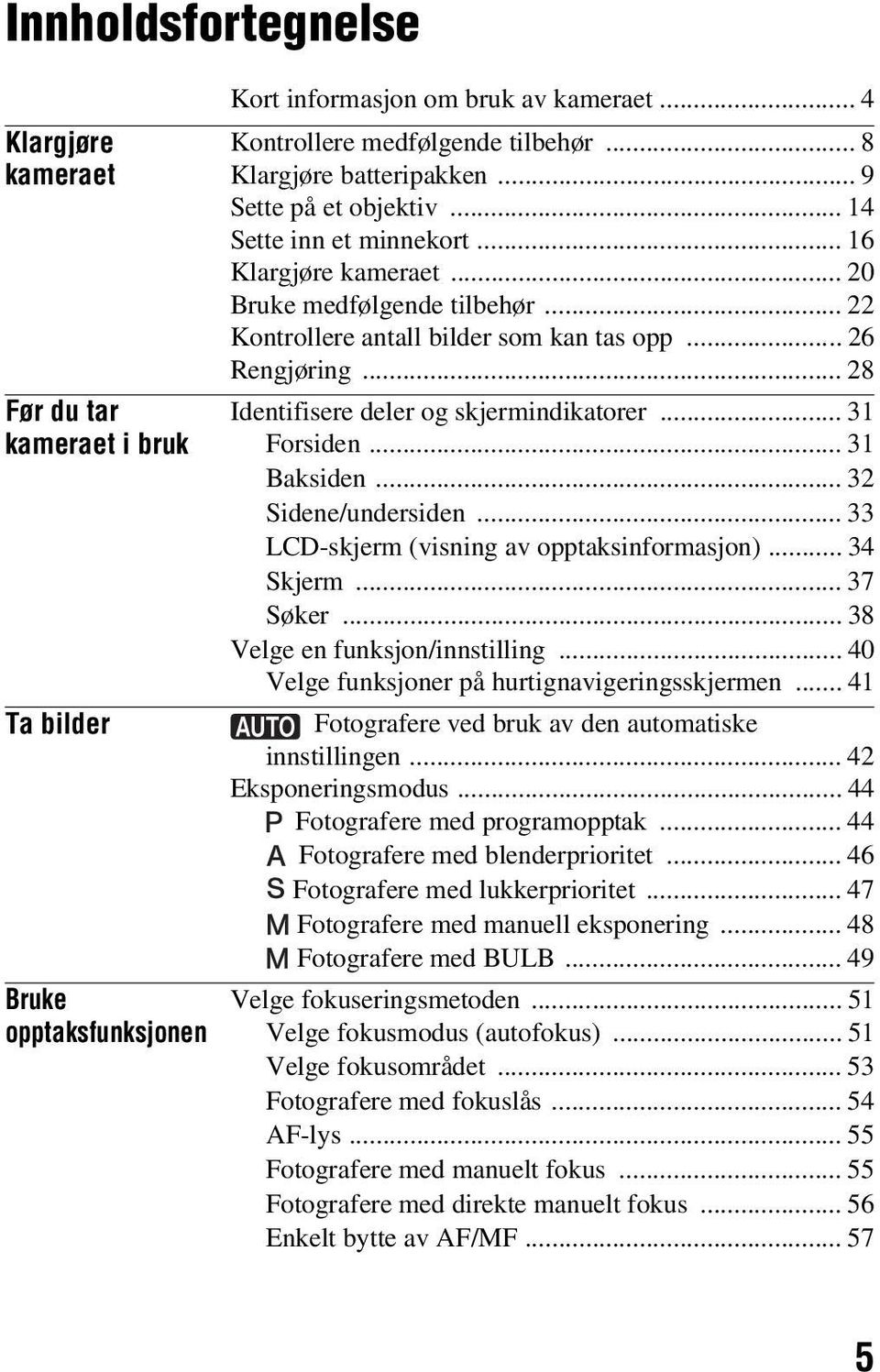 .. 31 Forsiden... 31 Baksiden... 32 Sidene/undersiden... 33 LCD-skjerm (visning av opptaksinformasjon)... 34 Skjerm... 37 Søker... 38 Velge en funksjon/innstilling.