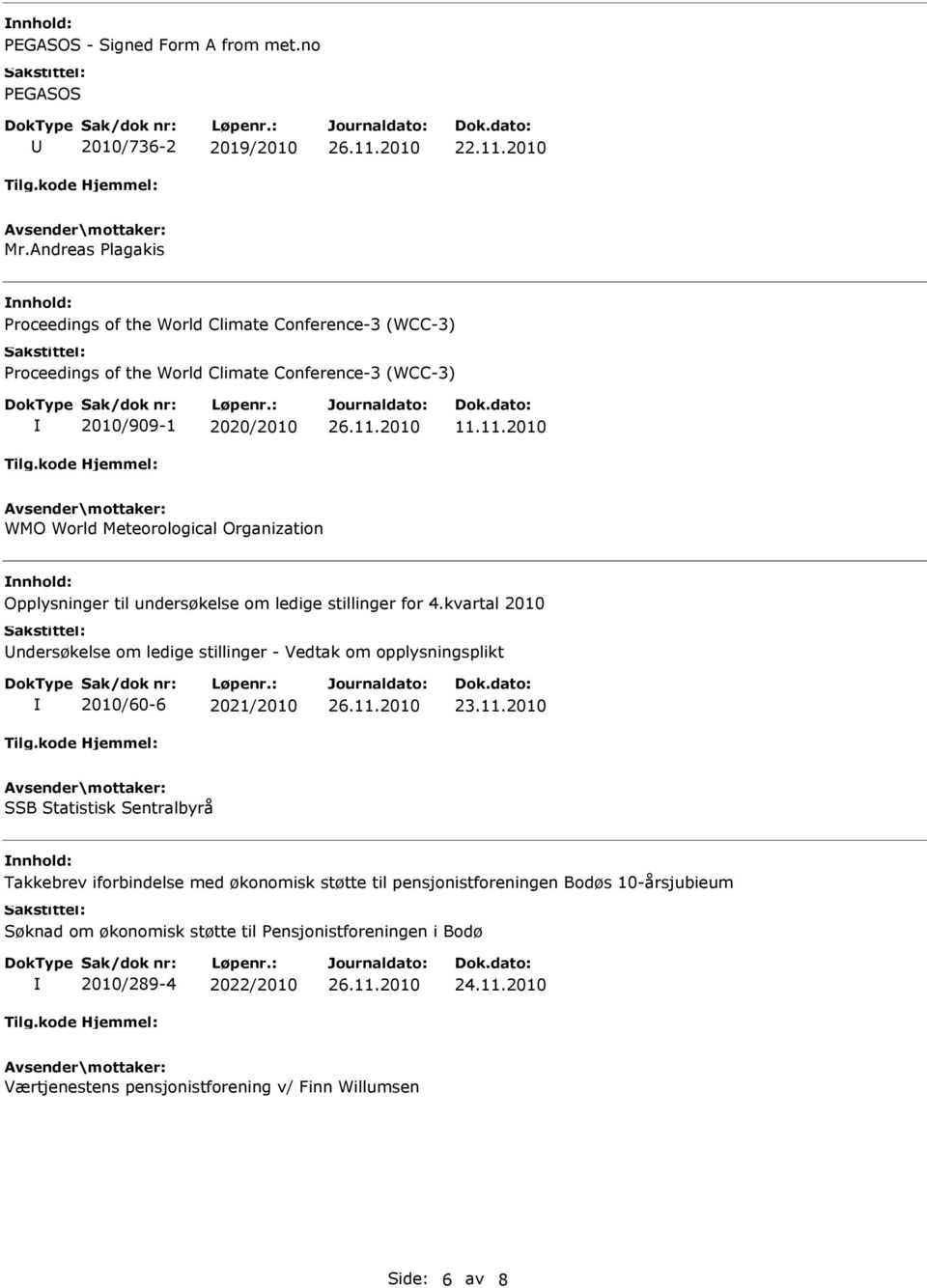 11.2010 WMO World Meteorological Organization Opplysninger til undersøkelse om ledige stillinger for 4.