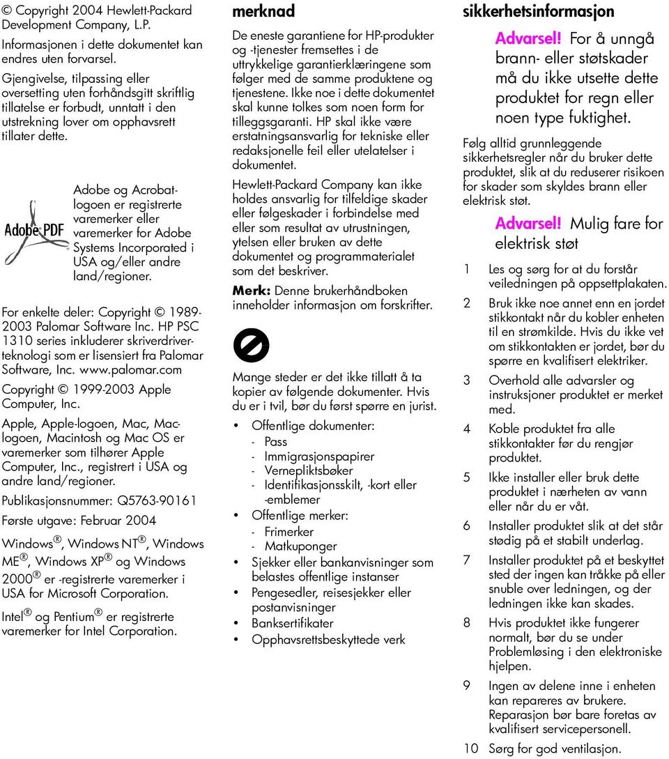 Adobe og Acrobatlogoen er registrerte varemerker eller varemerker for Adobe Systems Incorporated i USA og/eller andre land/regioner. For enkelte deler: Copyright 1989-2003 Palomar Software Inc.