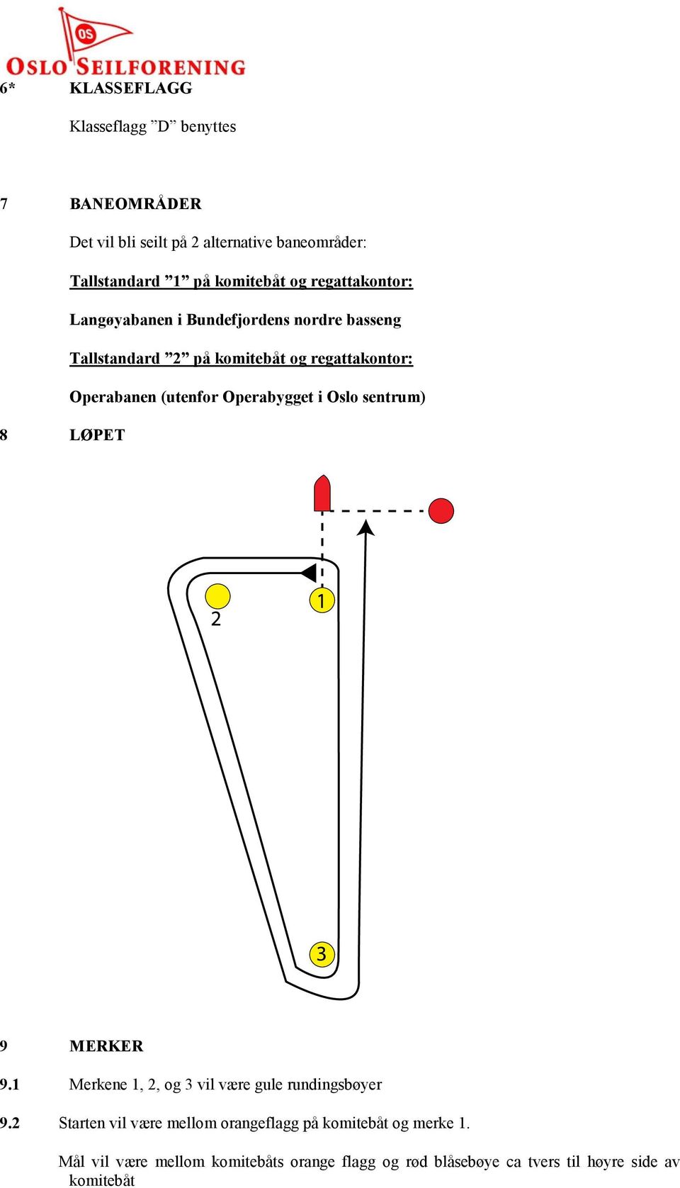 Operabygget i Oslo sentrum) 8 LØPET 9 MERKER 9.1 Merkene 1, 2, og 3 vil være gule rundingsbøyer 9.