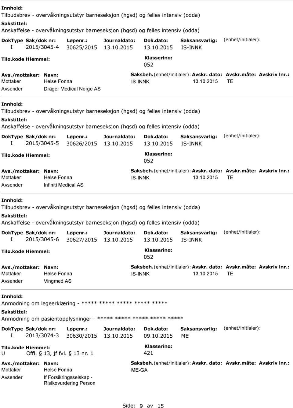 2015/3045-5 30626/2015 S-NNK Mottaker S-NNK TE nfiniti Medical AS Tilbudsbrev - overvåkningsutstyr barneseksjon (hgsd) og felles intensiv (odda) Anskaffelse - overvåkningsutstyr barneseksjon (hgsd)