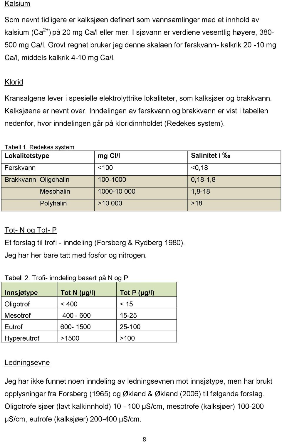 Kalksjøene er nevnt over. Inndelingen av ferskvann og brakkvann er vist i tabellen nedenfor, hvor inndelingen går på kloridinnholdet (Redekes system). Tabell 1.