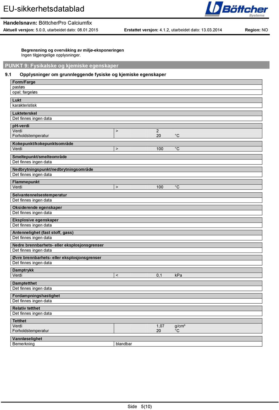 Verdi > 100 C Smeltepunkt/smelteområde Nedbrytningspunkt/nedbrytningsområde Flammepunkt Verdi > 100 C Selvantennelsestemperatur Oksiderende egenskaper Eksplosive egenskaper Antennelighet (fast stoff,