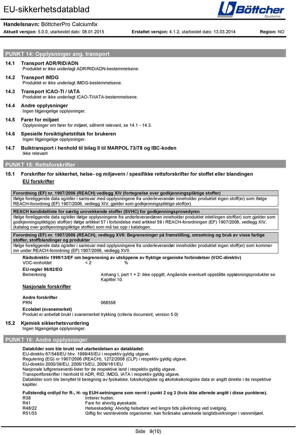 7 Bulktransport i henhold til bilag II til MARPOL 73/78 og IBC-koden Ikke relevant PUNKT 15: Rettsforskrifter 15.