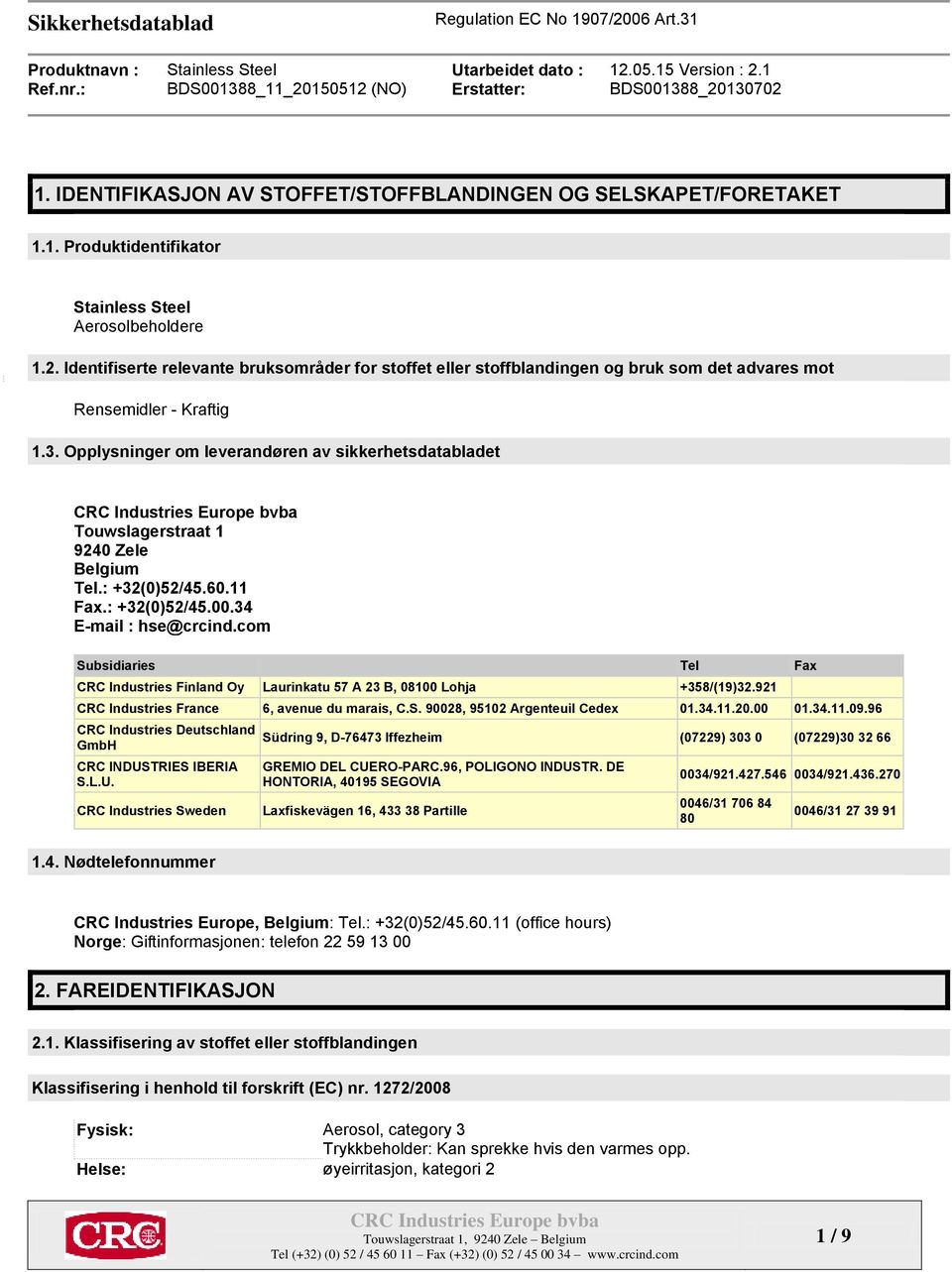 Opplysninger om leverandøren av sikkerhetsdatabladet Touwslagerstraat 1 9240 Zele Belgium Tel.: +32(0)52/45.60.11 Fax.: +32(0)52/45.00.34 E-mail : hse@crcind.