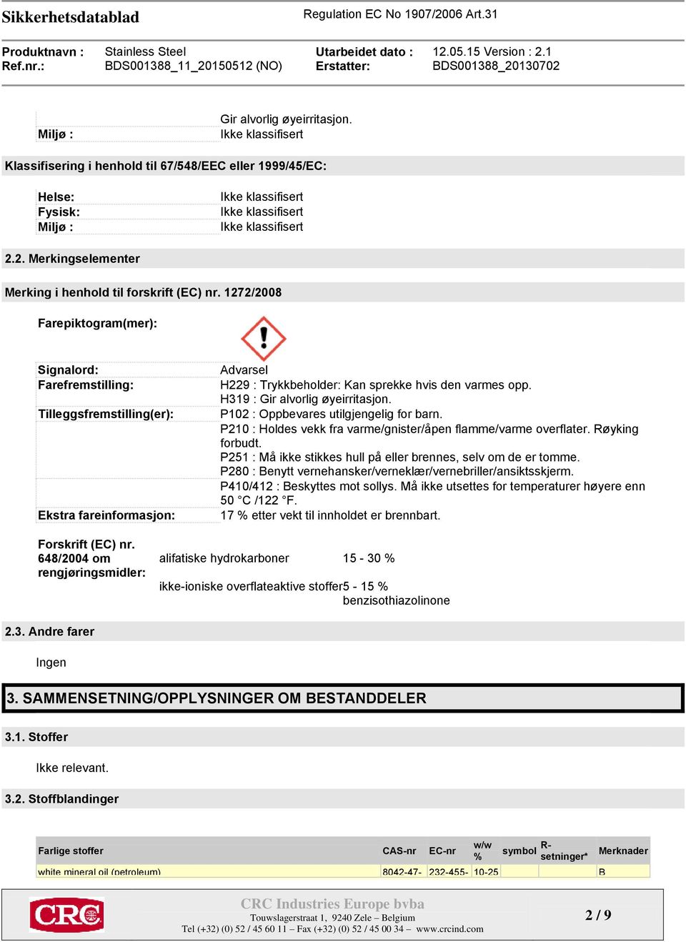 H319 : Gir alvorlig øyeirritasjon. P102 : Oppbevares utilgjengelig for barn. P210 : Holdes vekk fra varme/gnister/åpen flamme/varme overflater. Røyking forbudt.