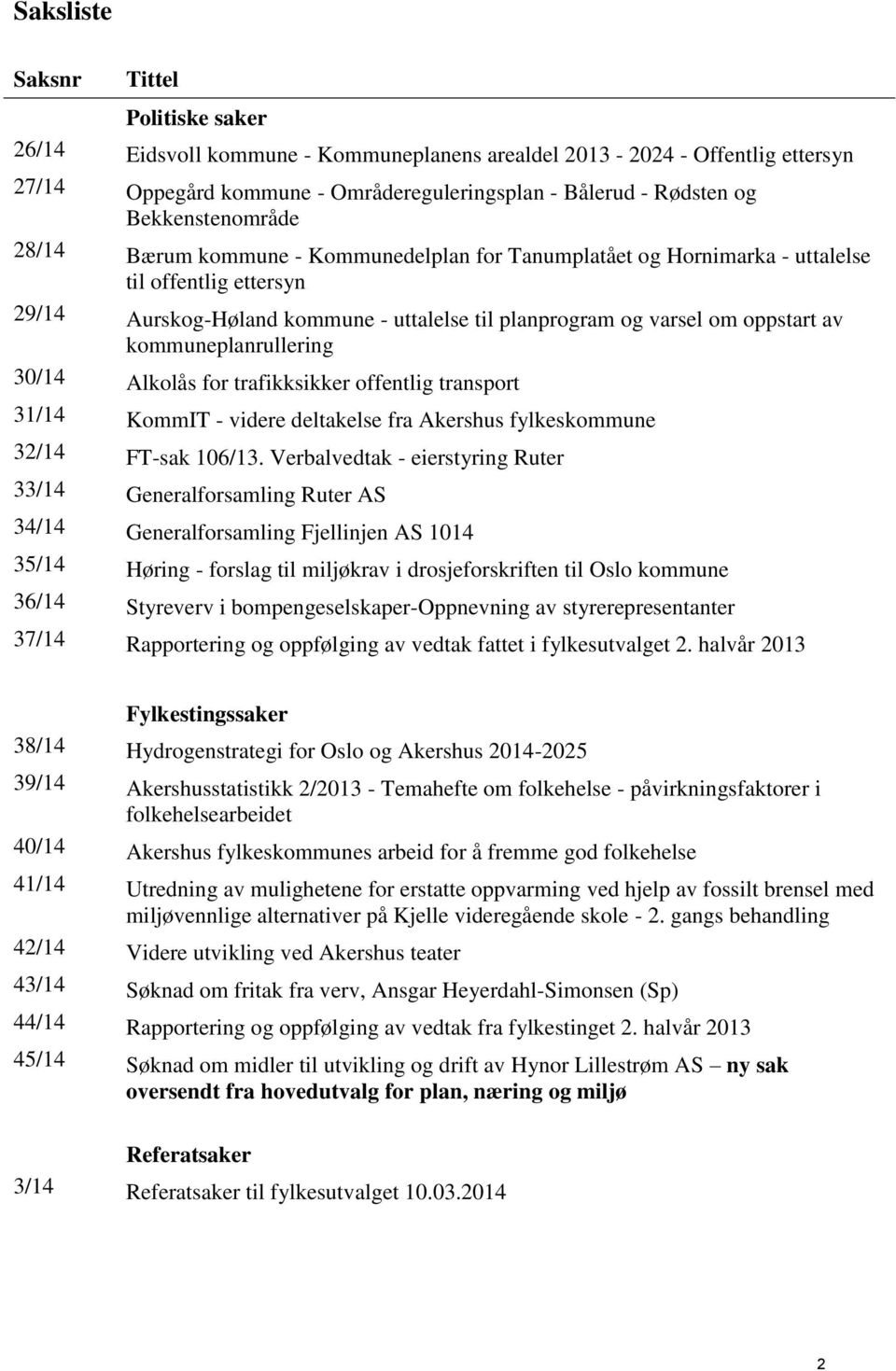 av kommuneplanrullering 30/14 Alkolås for trafikksikker offentlig transport 31/14 KommIT - videre deltakelse fra Akershus fylkeskommune 32/14 FT-sak 106/13.