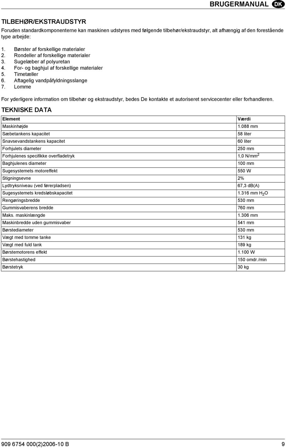 Lomme For yderligere information om tilbehør og ekstraudstyr, bedes De kontakte et autoriseret servicecenter eller forhandleren. TEKNISKE DATA Element Værdi Maskinhøjde 1.