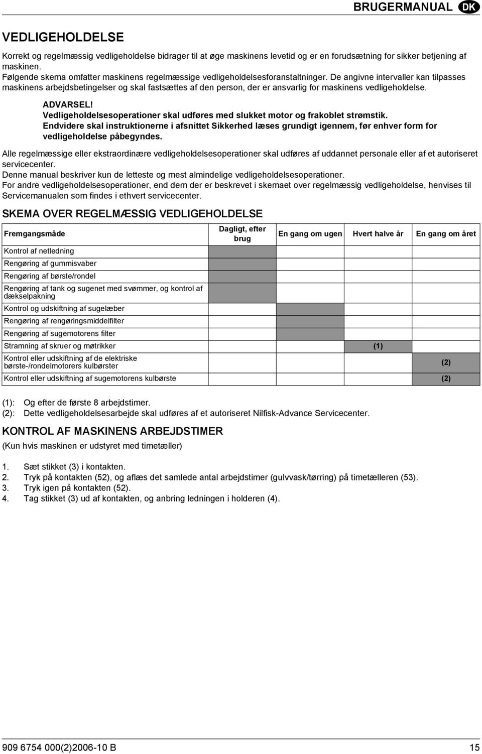 De angivne intervaller kan tilpasses maskinens arbejdsbetingelser og skal fastsættes af den person, der er ansvarlig for maskinens vedligeholdelse. ADVARSEL!