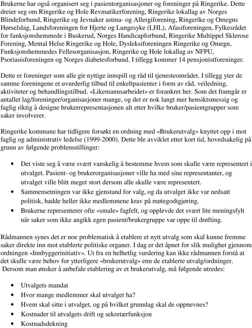 for Hjerte og Lungesyke (LHL), Afasiforeningen, Fylkesrådet for funksjonshemmede i Buskerud, Norges Handicapforbund, Ringerike Multippel Sklerose Forening, Mental Helse Ringerike og Hole,