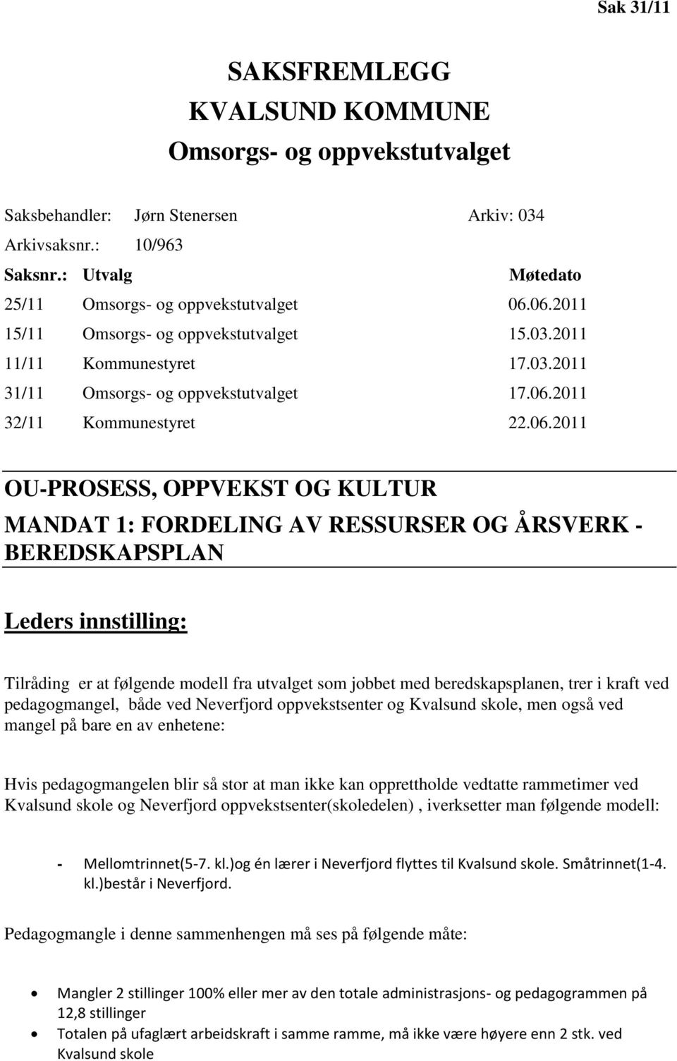 1: FORDELING AV RESSURSER OG ÅRSVERK - BEREDSKAPSPLAN Leders innstilling: Tilråding er at følgende modell fra utvalget som jobbet med beredskapsplanen, trer i kraft ved pedagogmangel, både ved