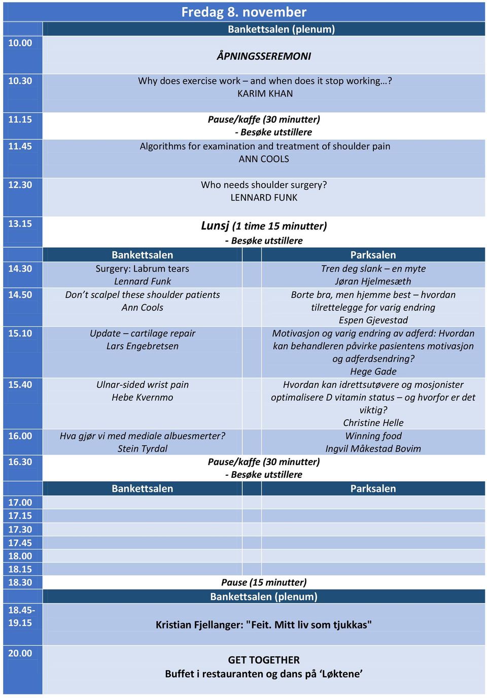 30 Surgery: Labrum tears Lennard Funk Tren deg slank en myte Jøran Hjelmesæth 14.50 Don t scalpel these shoulder patients Ann Cools 15.10 Update cartilage repair Lars Engebretsen 15.