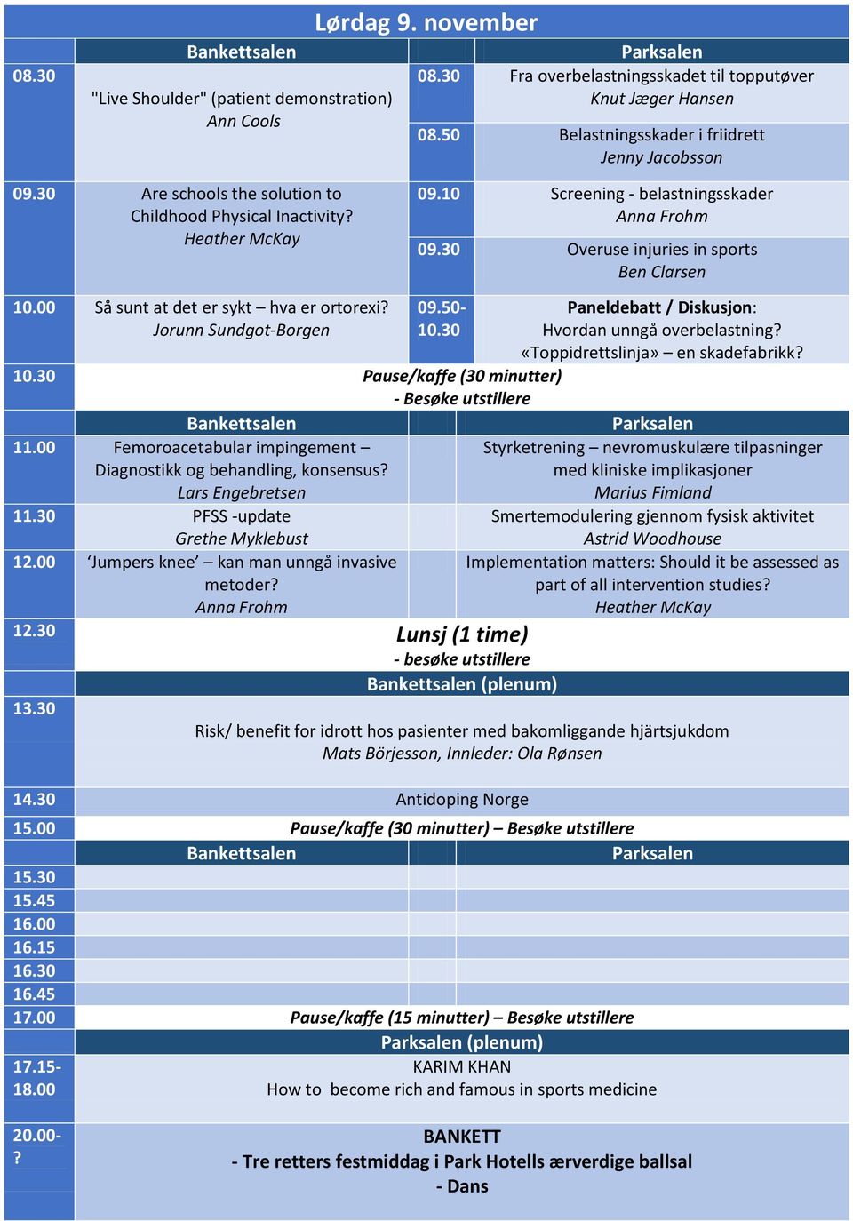 30 Overuse injuries in sports Ben Clarsen 09.50-10.30 10.30 Pause/kaffe (30 minutter) 11.00 Femoroacetabular impingement Diagnostikk og behandling, konsensus? Lars Engebretsen 11.