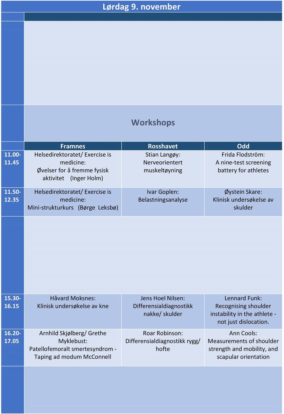 50-12.35 Mini-strukturkurs (Børge Leksbø) Ivar Goplen: Belastningsanalyse Øystein Skare: Klinisk undersøkelse av skulder 15.30- Håvard Moksnes: 16.15 Klinisk undersøkelse av kne 16.