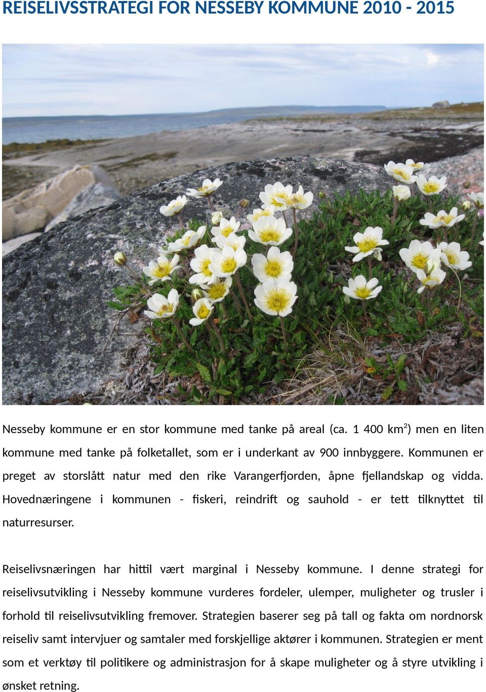 Hovednæringene i kommunen - fiskeri, reindrift og sauhold - er tett tilknyttet til naturresurser. Reiselivsnæringen har hittil vært marginal i Nesseby kommune.