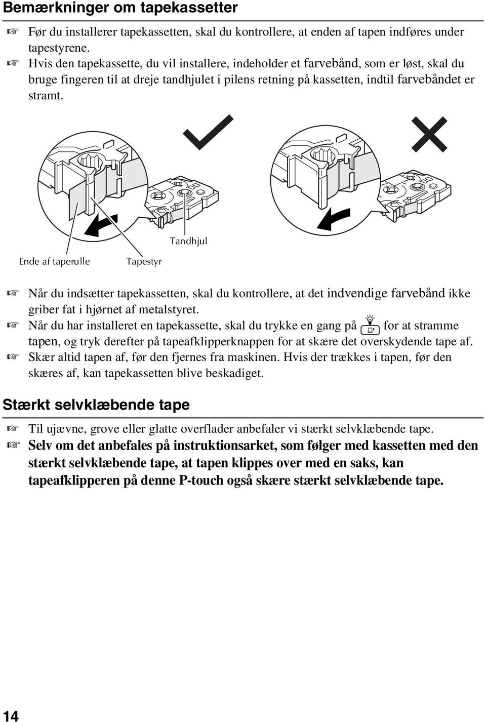 Tandhjul Ende af taperulle Tapestyr Når du indsætter tapekassetten, skal du kontrollere, at det indvendige farvebånd ikke griber fat i hjørnet af metalstyret.