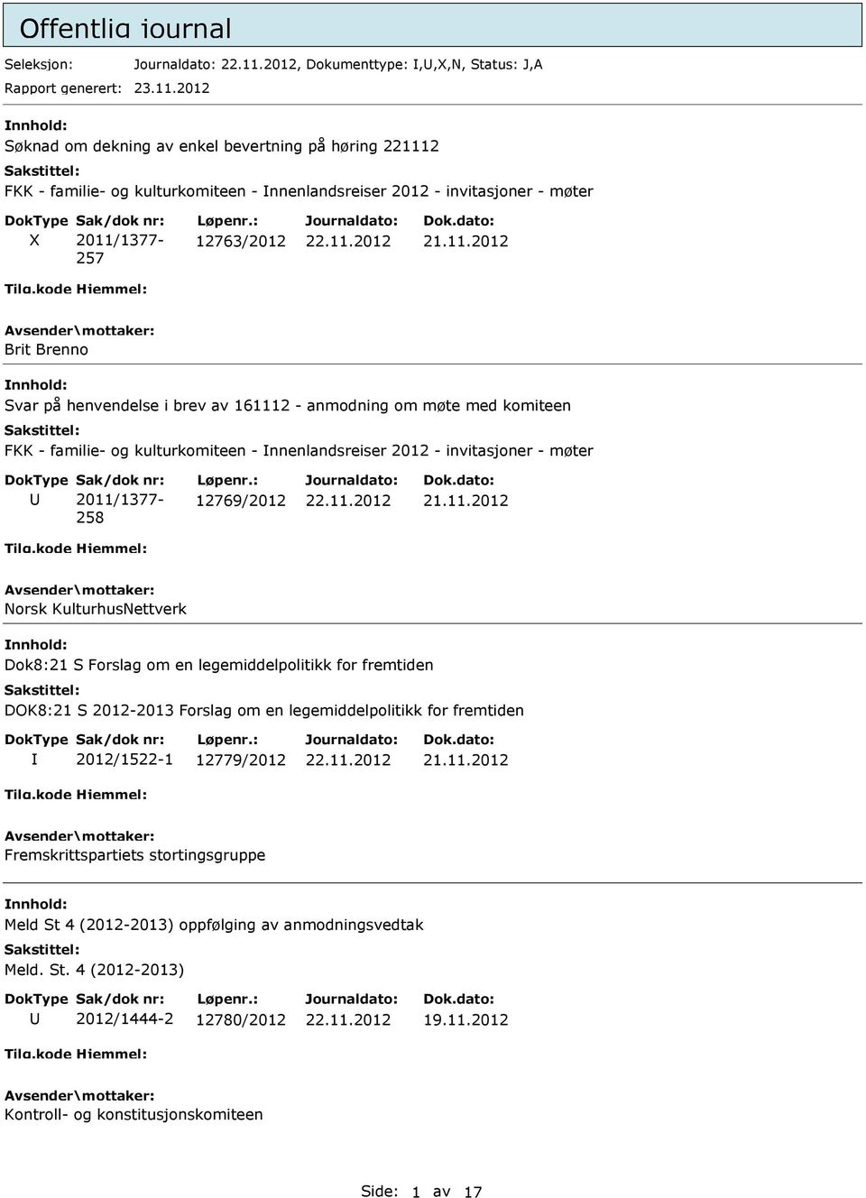 i brev av 161112 - anmodning om møte med komiteen FKK - familie- og kulturkomiteen - nnenlandsreiser 2012 - invitasjoner - møter 2011/1377-258 12769/2012 Norsk KulturhusNettverk Dok8:21 S Forslag om